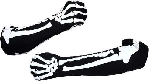Vista 5 de 2 pares de guantes de esqueleto de Halloween, largos y cortos de calavera, guantes de hueso fantasma, para Halloween, cosplay, accesorios de fiesta