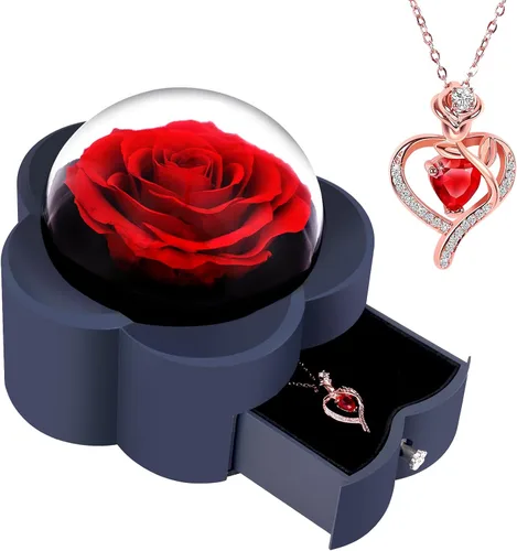 Vista 9 de Rosa preservada con collar de corazón, regalo de flor eterna para mamá, esposa, novia, mujer, perfecto para el día de San Valentín, cumpleaños, Azul