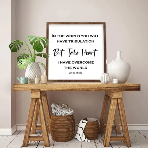 Vista 2 de Wood Sign with Frame 7"x7",in The World You Will Have Tribulation,But I Have Overcome The World,Farmhouse Rustic Wooden Sign with Quote for Wall Art