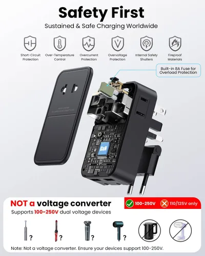 Vista 7 de Adaptador de enchufe de viaje universal, 7 puertos (2 USB-C, 2 USB-A, 3 CA), adaptador de corriente internacional, adaptador de corriente ultrafino