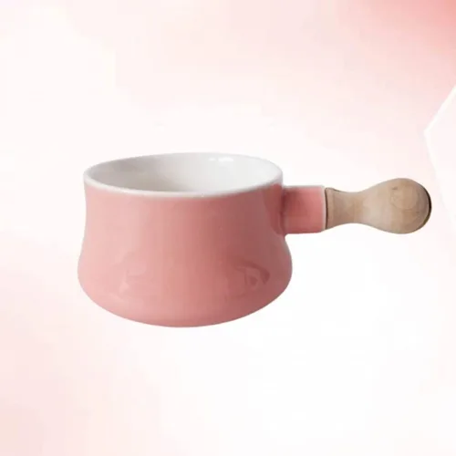 Vista 3 de qiuqiu Olla de leche esmaltada con mango de madera antiadherente de cerámica mini olla calentador de mantequilla sartén vaporera para sopa Rosa