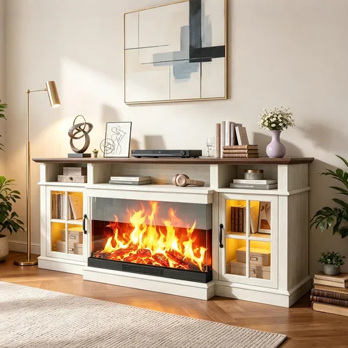 Vista 21 de Mueble de TV de estilo granja de 98" con chimenea de 36" para televisores de hasta 100", centro de entretenimiento multimedia con estantes 2-Blanco