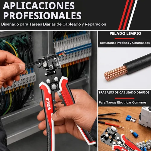 Vista 6 de WGGE WG-014 pelacables autoajustable con aislamiento, para pelar cables desde AWG 10-24, strippers automáticos con cortadores y buclera de 8