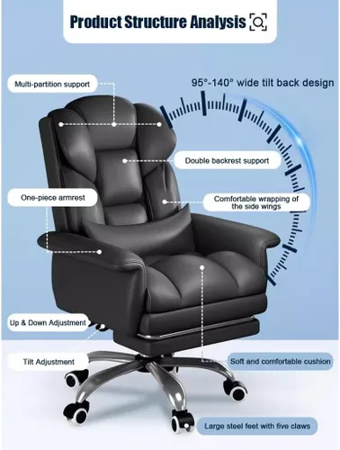 Vista 6 de Silla de oficina, silla ejecutiva de cuero ajustable, respaldo alto, silla ergonómica de escritorio para computadora, soporte lumbar, silla de Negro
