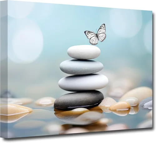 Vista 7 de CXHOSTENT Cuadro zen para decoración de baño, impresiones en lienzo con flores blancas y mariposas sobre piedra, arte de pared para baño, yoga, spa