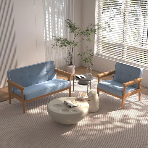 Vista 2 de BabyLand Sillón para niños, sofá individual para niños con estructura de madera maciza y tela de lino para regalo de niños (azul claro)
