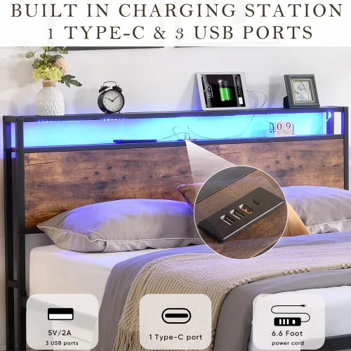 Vista 3 de Base de cama de tamaño matrimonial con cajones de almacenamiento y 3 puertos USB, base de cama LED matrimonial con cabecero, plataforma de metal sin