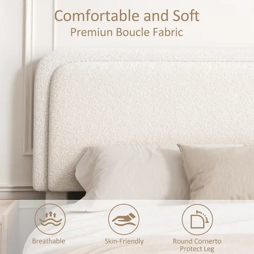 Vista 5 de Base de cama de tamaño Full con tapizado de bouclé, plataforma tapizada con cabecera, anticolisión con esquinas redondeadas suaves, no requiere
