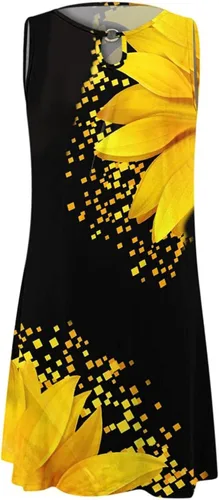 Vista 3 de Vestidos sin mangas para mujer, vestido de playa con estampado floral de moda, cuello redondo, dobladillo irregular
