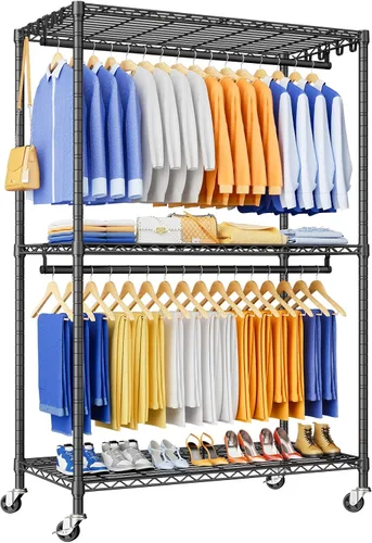 Vista 10 de P8 Perchero de Ropa Resistente (Con Diseño de Ancho Extendido) Percheros Rodantes para Colgar Ropa, Perchero Portátil con Ruedas Bloqueables, 51.2