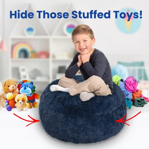 Vista 3 de Cheer Collection Puf con asa, sillas de piso de pelo largo para niños como almacenamiento de animales de peluche y organizador de juguetes, lavable