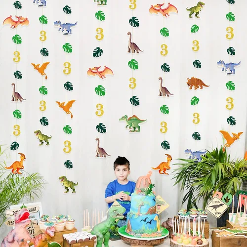 Vista 3 de Decoraciones de cumpleaños de dinosaurio de 52 pies para niños, pancarta de cumpleaños de tercer dinosaurio Rex, guirnalda de serpentinas, telón