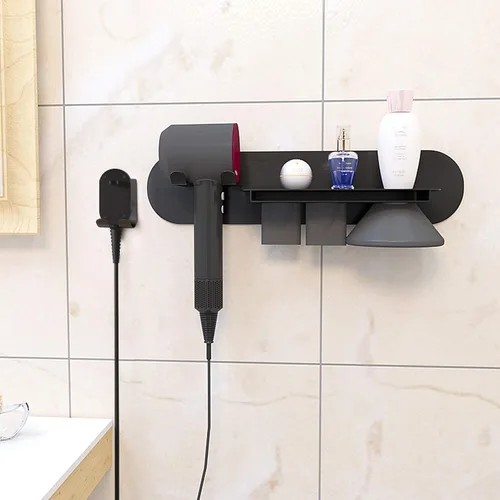 Vista 7 de FLE Soporte para secador de pelo montado en la pared con estante, soporte para secador de pelo, organizador compatible con secador de pelo Negro