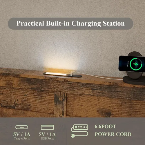 Vista 6 de Base de cama matrimonial con cabecera y almacenamiento, plataforma de madera con 2 cajones, carga USB tipo C y luces LED, no necesita somier, sin
