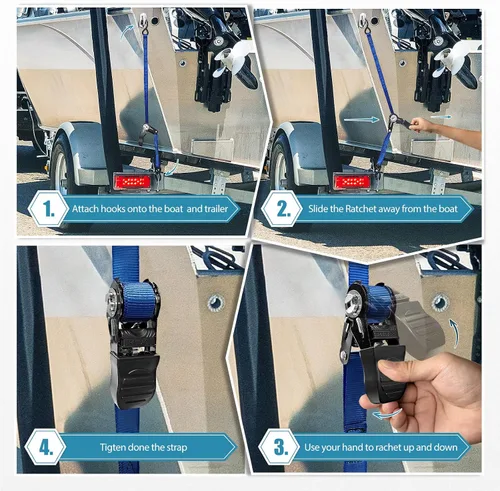 Vista 6 de PAULINN Correas de Amarre para Remolque de Barco de 1 Pulgada x 1.22 M, Correas de Amarre de Popa Ajustables de Alta Resistencia de 1089 KG con Azul