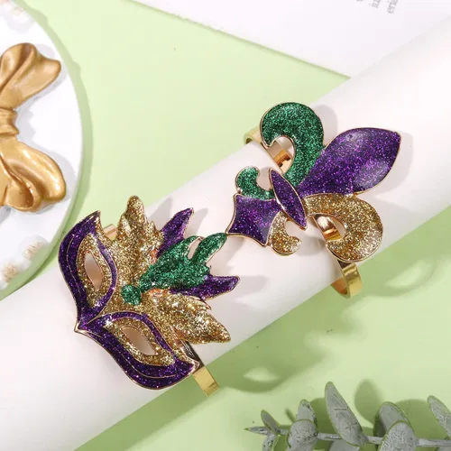 Vista 4 de Juego de 6 servilletas de Mardi Gras con purpurina para máscara de flor de lis, accesorios para mesa de comedor, servilletas decorativas