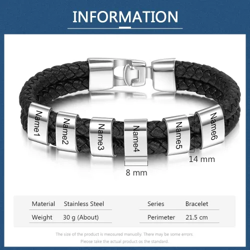 Vista 6 de Pulsera trenzada negra personalizada para hombre, pulsera personalizada con 1-8 cuentas personalizadas, nombres de la familia, joyería para hombres