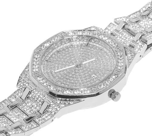 Vista 5 de Halukakah Reloj de diamantes para hombre, cazador, chapado en oro real de 18 quilates, chapado en oro blanco platino y diamantes helados, esfera