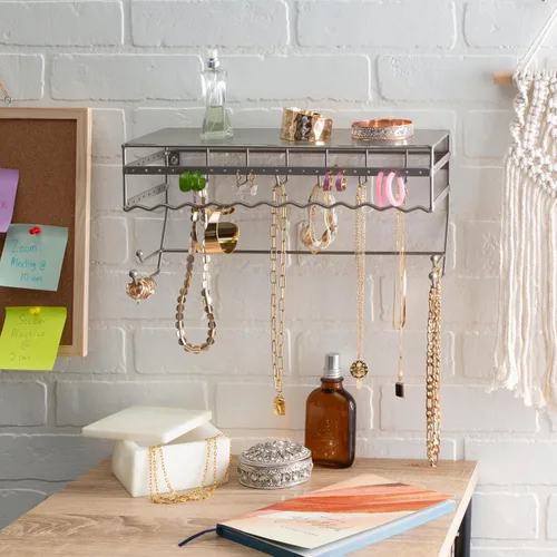 Vista 3 de Estante negro de 13.5 pulgadas para montaje en pared. Bastidor para guardar productos de joyería y accesorios Estante organizador para aretes