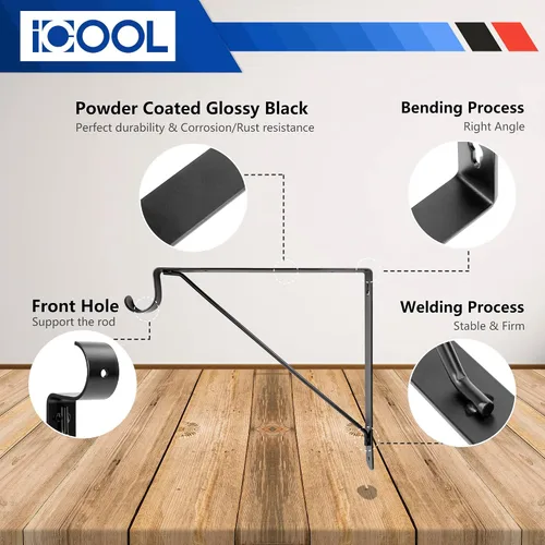 Vista 4 de ICOOL Paquete de 4 soportes para estante de armario, estante de armario y soportes de barra, soportes de pared para armario, color negro