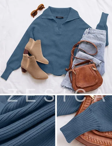 Vista 4 de ZESICA Women's 2024 Fall Lapel Collar V Neck Long Sleeve Ribbed Knit Comfy Loose Casual Pullover Sweater Jumper Top