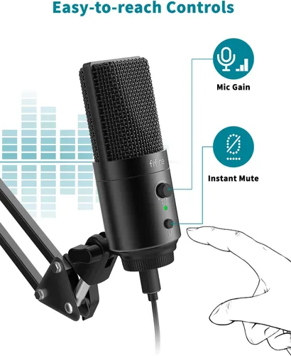 Vista 2 de FIFINE Micrófono USB de computadora de escritorio con filtro pop para computadora y Mac, micrófono de condensador de estudio con perilla