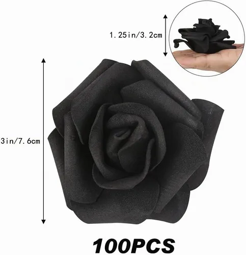 Vista 3 de Cabezas de rosas artificiales, 100 rosas falsas negras, cabezas de rosas artificiales de espuma para ramos de boda, centros de mesa, arreglos Negro