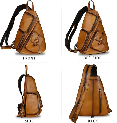Vista 5 de Bolso bandolera de piel auténtica, casual, para senderismo, vintage, hecho a mano, para el hombro, mochila para motocicleta, Marrón, M, Mochilas