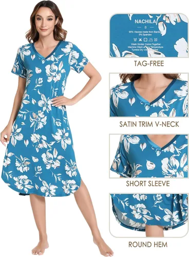 Vista 4 de NACHILA Camisones para mujer, viscosa hecha de bambú, cuello en V, manga corta, ropa de dormir fresca S-2X