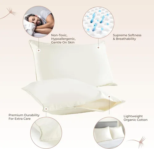 Vista 3 de Protector de almohada de algodón orgánico, tamaño estándar, 100% algodón, certificado GOTS, funda protectora con cremallera, hipoalergénica, lavable