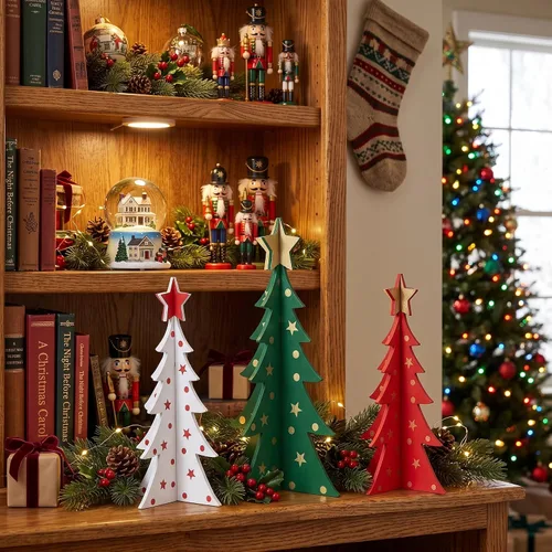 Vista 2 de DECSPAS Decoraciones de Navidad para Interiores, 3 Piezas Árboles de Navidad de Madera de 11 Pulgadas de Tamaño Grande para Centro de Mesa
