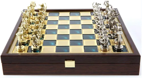 Vista 5 de Manopoulos Hercules Chess Set - Latón y Níquel - Caja de madera Verde-Latón Tablero