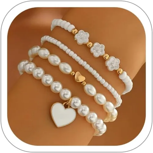 Vista 13 de Pulseras de perlas para mujer, pulsera de perlas de imitación con cuentas de perlas blancas, juego de pulseras elásticas apilables, pulseras