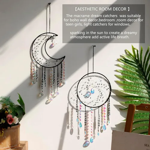 Vista 2 de Artilady - Atrapa-sueños de cristal, grandes atrapasueños de luna negros estilo boho para colgar en la pared, decoraciones para la casa, decoración