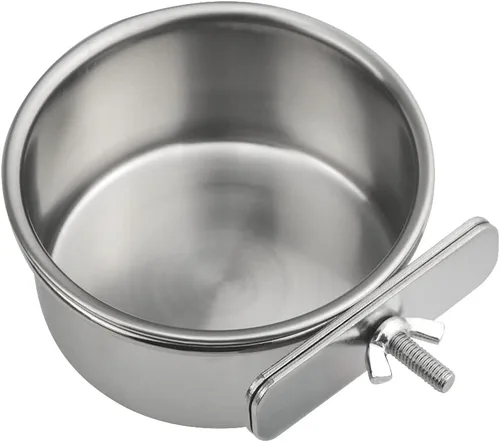 Vista 3 de Paquete de 2 vasos de alimentación de pájaros de acero inoxidable para loros, jaulas de agua con soporte de abrazadera para periquitos, conure