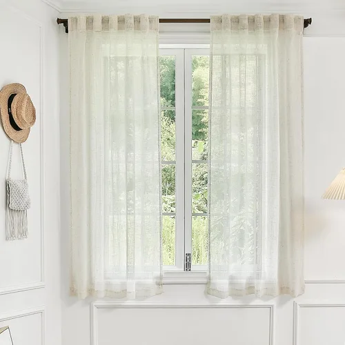 Vista 11 de 2 paneles de cortinas de lino transparente natural de 45 pulgadas, color beige para ventanas pequeñas, bolsillo con pestaña trasera, cortinas cortas