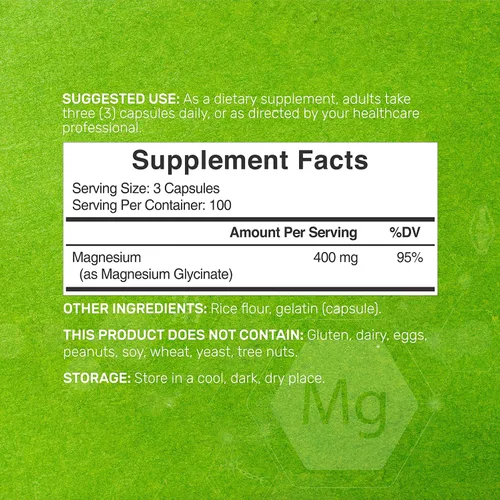 Vista 2 de Glicinato de magnesio 400 mg, 300 cápsulas 100% quelado para una fácil absorción Suplemento mineral esencial para la salud muscular, el sueño