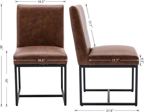 Vista 3 de Juego de 2 sillas de comedor modernas de tela, tapizadas de piel sintética, sillas de cocina sin brazos de mediados de siglo con patas negras