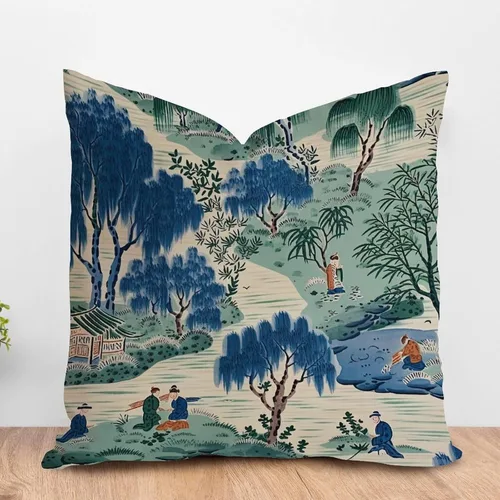 Vista 10 de ArogGeld Chinoiserie - Funda de cojín para sofá, diseño floral de peonía, color verde azulado, verde y rojo, diseño de peonía, diseño escénico