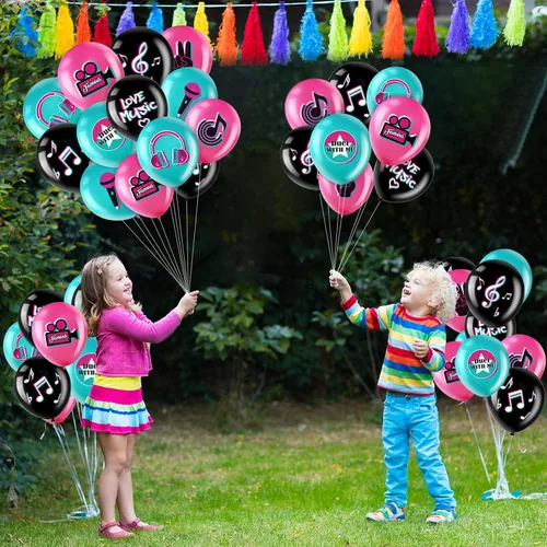 Vista 4 de 45 globos de fiesta musical de 12 pulgadas con cinta, letreros de notas musicales