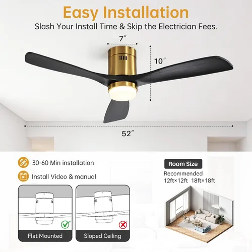 Vista 8 de CACI Mall Ventiladores de techo inteligentes de madera de 52 pulgadas con luces y control remoto, 3 cuchillas, perfil bajo, moderno, compatible