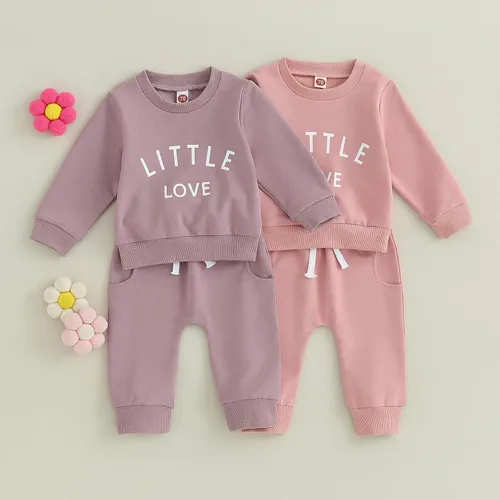 Vista 2 de Trajes de otoño e invierno para niña pequeña, camisa de manga larga con cuello redondo y pantalones sólidos, ropa de 2 piezas, Rosado