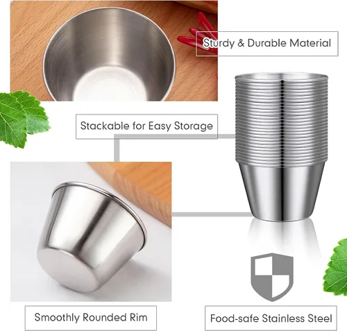 Vista 4 de Potchen 100 tazas de metal de 2.5 onzas para salsa, tazas de condimentos de acero inoxidable a granel, tazones de inmersión redondos, recipientes