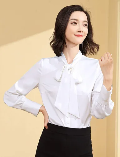Vista 3 de Itemnew - Blusa formal de gasa para mujer, manga larga, cuello atado, ajuste relajado, con botones