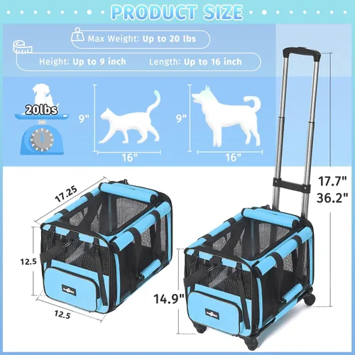 Vista 2 de Paw Ballet Transportador de mascotas con ruedas, jaula duradera para gatos aprobada por aerolíneas, transportador plegable para perros, bolsa