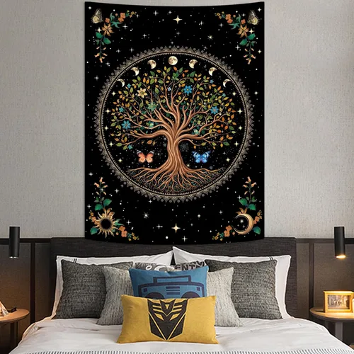 Vista 3 de Lunerfex Tapiz de árbol de la vida, tapiz de pared de fase lunar, tapices verdes para dormitorio, techo, tapices para colgar en la pared