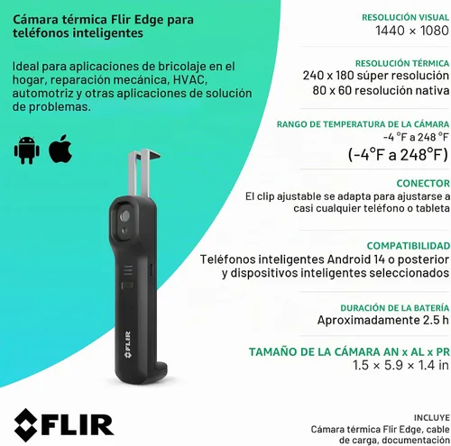 Vista 9 de FLIR Edge - Cámara térmica inalámbrica Bluetooth para teléfonos inteligentes, compatible con todos los dispositivos iOS y Android, resolución súper