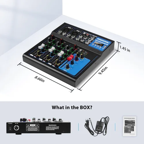Vista 8 de Interfaz de audio de 4 canales, mezclador de audio USB, tablero de sonido, consola de mezcla incorporada Bluetooth MP3 Entrada de computadora+48 V