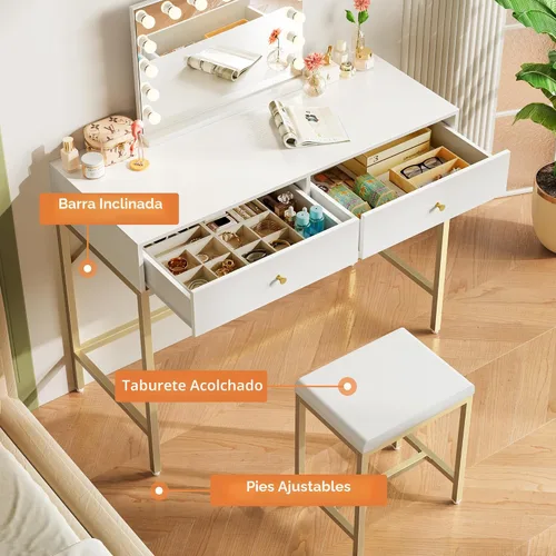 Vista 6 de SUPERJARE Escritorio blanco y dorado de 35.4 pulgadas con 2 cajones, tocador de maquillaje moderno con taburete acolchado, escritorio pequeño