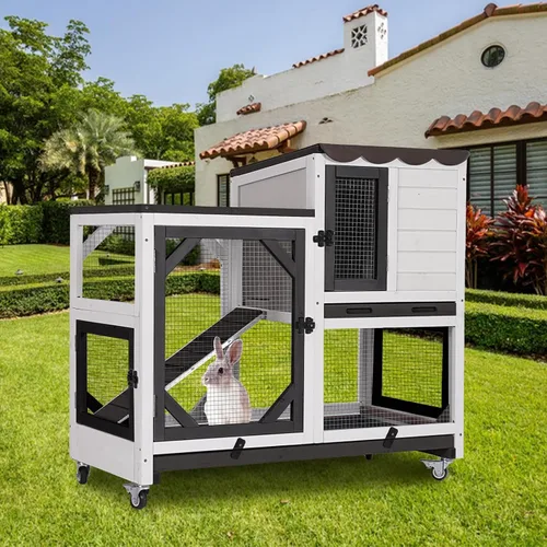 Vista 7 de Aivituvin Jaula para Conejos Interior y Exterior Conejera con Ruedas, Jaulas de Madera de 2 Pisos para Cobayas con 2 Bandejas Extraíbles Más Negro